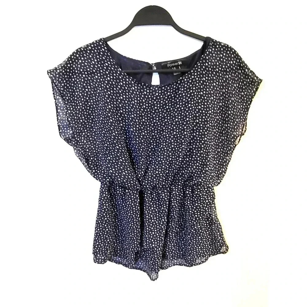 Forever 21 Navy Blue Star Print Peplum Blouse Cap Sleeve Keyhole Back Size M